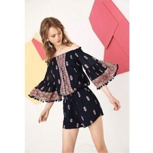Anthropologie Lina Vada Boho Print Bell Sleeve Pom Pom Romper Black Red SZ M